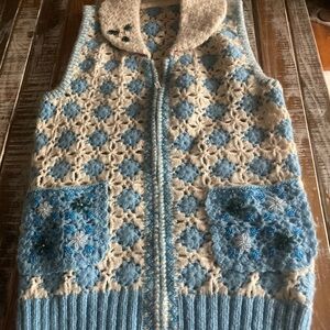 Vintage Crochet Vest with Blue and Cream Floral Pattern
